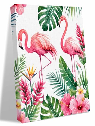 NuYeBiofx Flamingo Coastal Monstera Floral Canvas Wall Art Prints,30"x20" Framed Picture Artwork Tropical Palm Leaves Printed Canvas Oil Painting for Living Room Bedroom Office,Ready to Hang