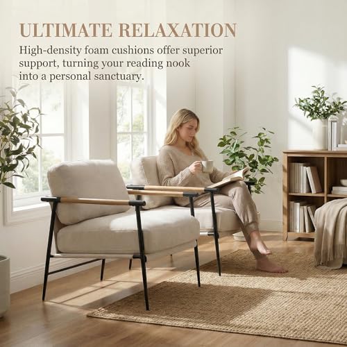 Mid-Century Modern Accent Chairs Set of 2 - Soft Linen Upholstered Lounge Reading Chair for Bedroom - Comfy Lightweight Livinig Room Chairs - Beige