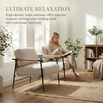 Mid-Century Modern Accent Chairs Set of 2 - Soft Linen Upholstered Lounge Reading Chair for Bedroom - Comfy Lightweight Livinig Room Chairs - Beige