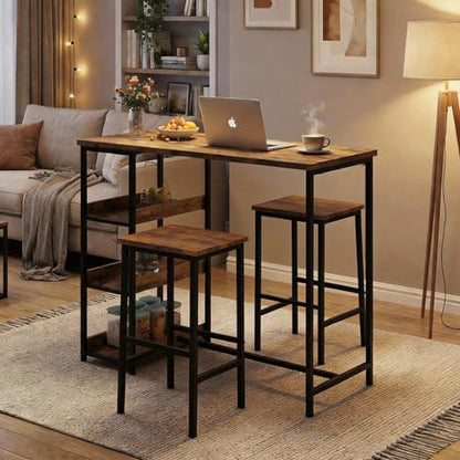 3-Piece Kitchen Table Set with Storage Shelves & 2 Bar Stools - Iron and Wood Dining Table for Small Spaces, Apartments, Condos, Rustic Brown