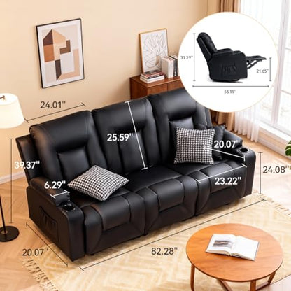Living Room Furniture Set,Faux Leather Manual Recliner Sofa Sets with Cup Holders,Reclining Couch,Loveseat and Armchair,3+2,Black
