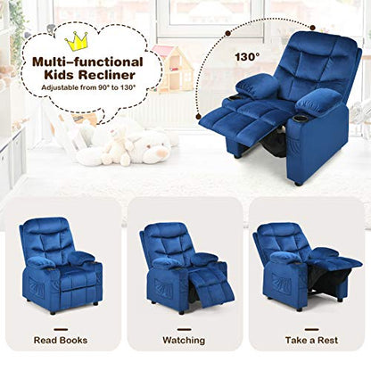 Kids Recliner Chair with Cup Holder, Adjustable Velvet Lounge Chair w/Footrest & Side Pockets for Children Boys Girls Room, Ergonomic Toddler Furniture Sofa Gifts, Kids Recliner (Blue)