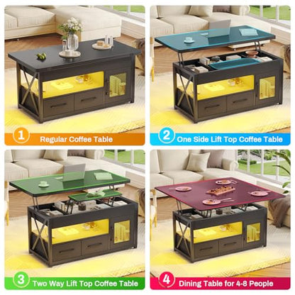 40" Lift Top Coffee Table, 4 in 1 Coffee Tables with Storage Cabinet for Living Room, Small Farmhouse Coffee Table with 2 Fabric Drawers & LED Light for Dining Room, Black