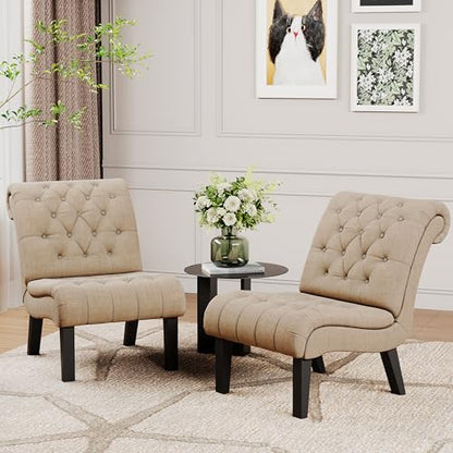 Living Room Chair Modern Accent Chair, Upholstered Tufted Armless Bedroom Chair Sofa Backrest Fabric Recliner Lounge Chair Wood Legs-Khaki