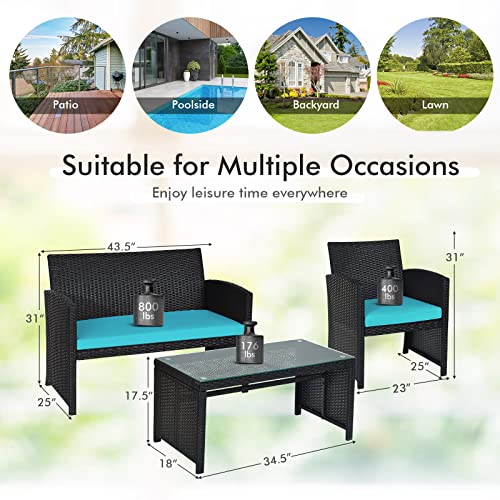 Rattan Patio Furniture Set 4 Pieces, Outdoor Wicker Conversation Sofa and Table Set with Soft Cushions & Tempered Glass Coffee Table for Balcony Garden Backyard (Turquoise)
