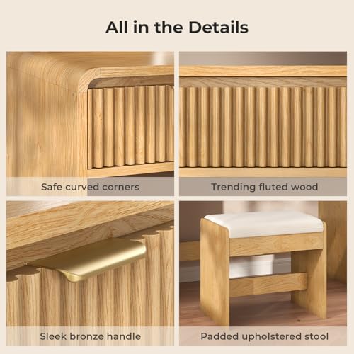 Fluted Vanity Desk with Mirror Light, Stool, Power Outlet Natural | 3 Color Touch Control Light, Fluted Wood Drawers, 3 Drawers 4 Shelves, Ideal Bedroom Furniture for Girls Age 8-16