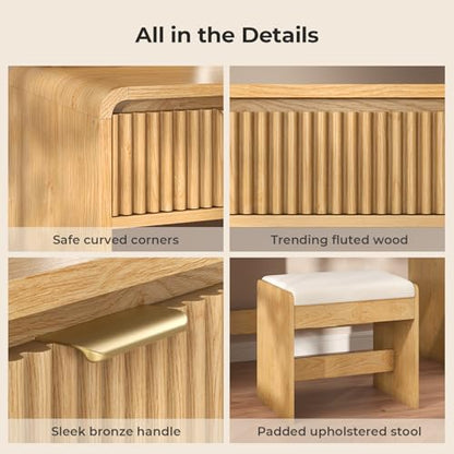 Fluted Vanity Desk with Mirror Light, Stool, Power Outlet Natural | 3 Color Touch Control Light, Fluted Wood Drawers, 3 Drawers 4 Shelves, Ideal Bedroom Furniture for Girls Age 8-16