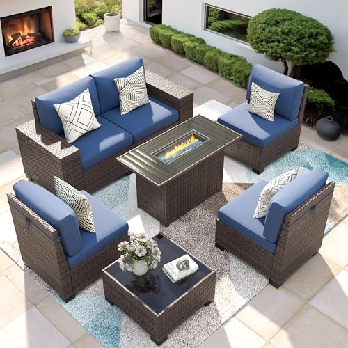 7 Piece Patio Furniture Set with Fire Pit Table, Outdoor Conversation Sets Wicker Rattan Sectional Sofa with Coffee Table for Patio Garden Backyard, 4'' Thickened Cushion Navy Blue
