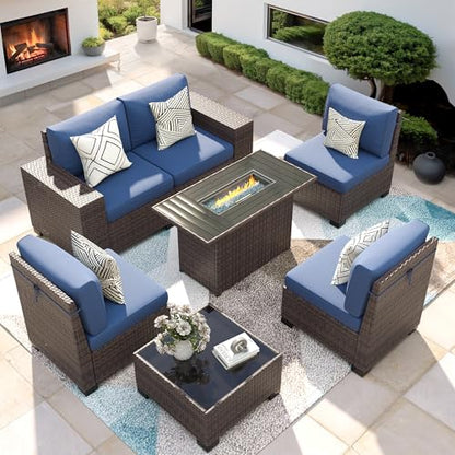 7 Piece Patio Furniture Set with Fire Pit Table, Outdoor Conversation Sets Wicker Rattan Sectional Sofa with Coffee Table for Patio Garden Backyard, 4'' Thickened Cushion Navy Blue