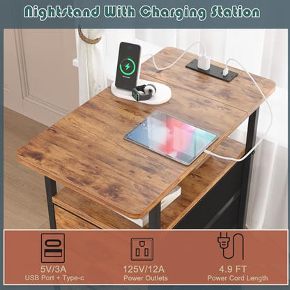 End Table with Charging Station, Side Tables Livingroom with USB Ports and Outlets,Narrow Nightstands Bedside Tables with 3 Drawers for Small Space,Slim Sofa Table Bedroom,Rustic Brown