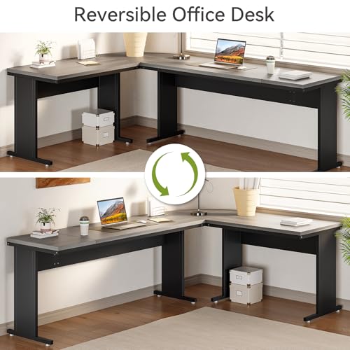 82.67" Long Executive Desk with Drawers, Large L-Shaped Office Desk with Mobile File Cabinet, Farmhouse Computer Office Furniture Work Desk with Storage for Home Office, Gray