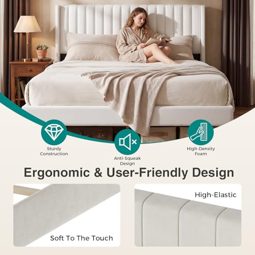 Beige Upholstered Full Bed Frame with Headboard, view 4