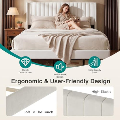 Beige Upholstered Full Bed Frame with Headboard, view 4