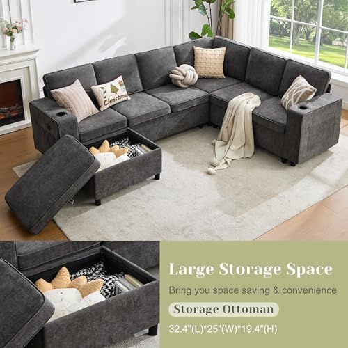 107 Inch Modular Sectional Sofa with Pull Out Bed, 7 Seat U Shaped Sectional Sleeper Sofa with Storage Ottoman, USB Port & 6 Pillows, Sectional Couches for Living Room & Apartment, Modular Couch, Grey