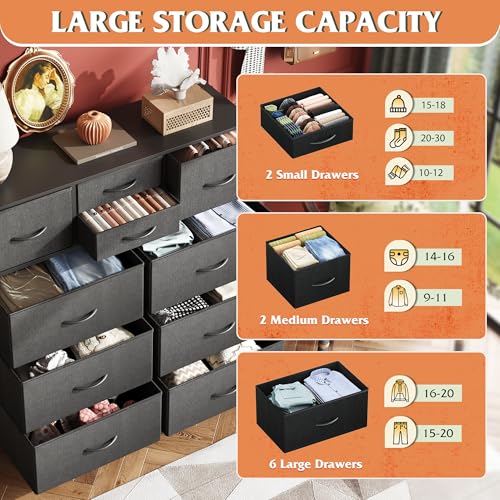 10 Drawer Black Fabric Dresser for Bedroom, Side Pocket & Hooks Chest, view 6