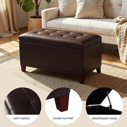 Storage Ottoman Bench, 33 Inches Faux Leather Rectangle Tufted Foot Stool for End Foot of Bed, Bedroom, Living Room, Brown