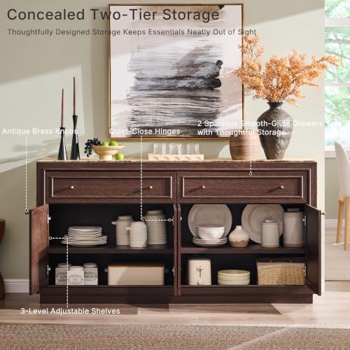 63" Modern Farmhouse Buffet Cabinet with Storage, Natural Walnut, view 5