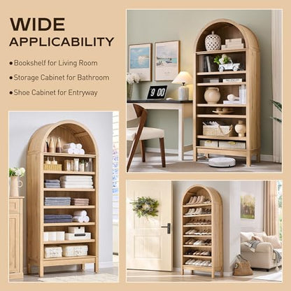 71" Tall Arched Bookshelf, 7 Tiers Arch Bookcase with Storage, Modern Farmhouse Book Shelf with Adjustable Shelves, Wood Bookshelf w/Open Display Shelves for Living Room, Office (Natural)
