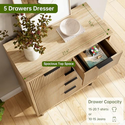 Fluted 5-Drawer Dresser with Metal Legs, Oak, view 5