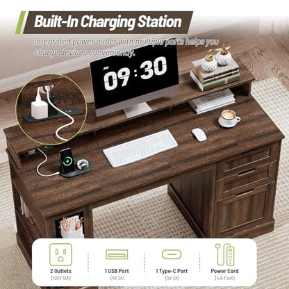 55inch Farmhouse Executive Desk with 2 Drawers and File Cabinet, Computer Desk with 3-Tier Storage Shelves, Home Office Desk with Charging Station, Pegboard and Monitor Shelf, Brown