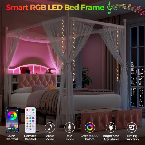 Queen Size Upholstered LED Canopy Bed Frame with 2 Drawers and & Charging, view 5