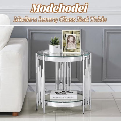 20" Round Glass End Table, 2-Tier Silver Side Table with Stainless Steel Legs and Clear Tempered Glass, Modern Luxury End Table for Living Room Home Office
