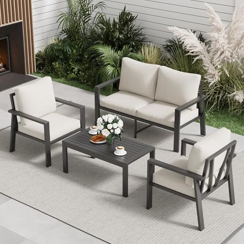 Aluminum Patio Furniture Sets Metal Outdoor Furniture Set with Cushion All-Weather Sectional Sofa with Coffee Table for for Backyard, Garden and Poolside Easy Assembly(Beige)