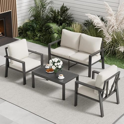 Aluminum Patio Furniture Sets Metal Outdoor Furniture Set with Cushion All-Weather Sectional Sofa with Coffee Table for for Backyard, Garden and Poolside Easy Assembly(Beige)