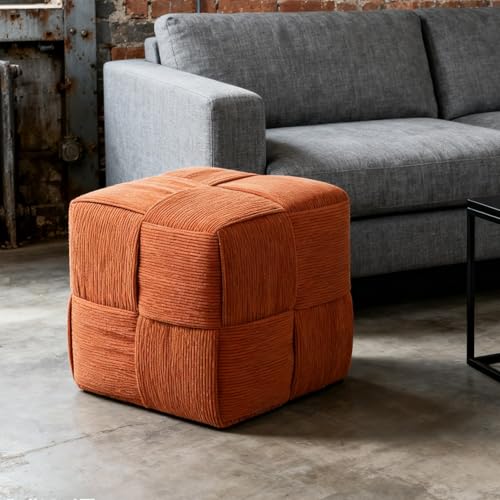 Square Footstool, Modern Upholstered Small Ottoman Cute Make up Stool for Foot Rest with Wood Frame for Living Room Bedroom, Orange Corduroy.