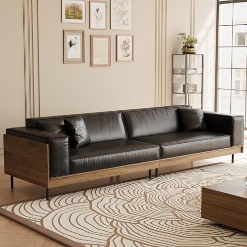 106.3" Mid-Century Modern Leather Sofa Couch with Wood Frame, view 2