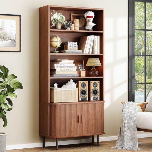 71" Bookshelf with Sliding Door, Bookcase Storage Cabinet, Walnut, view 2