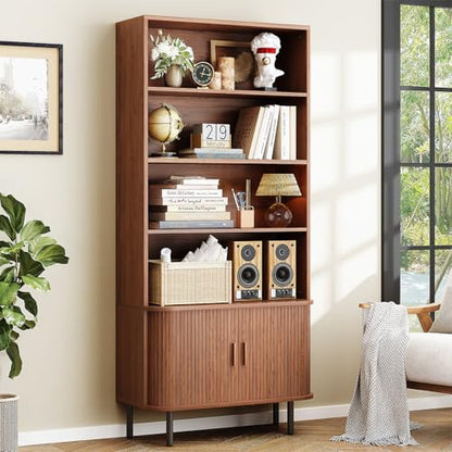 71" Bookshelf with Sliding Door, Bookcase Storage Cabinet, Walnut, view 2