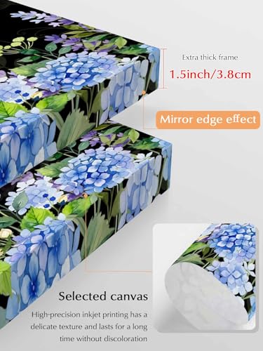 NuYeBiofx Watercolor Purple Hydrangea Canvas Wall Art Prints,48"x32" Framed Picture Artwork Garden Flower Leaves on Black Printed Canvas Oil Painting for Living Room Bedroom Office,Ready to Hang