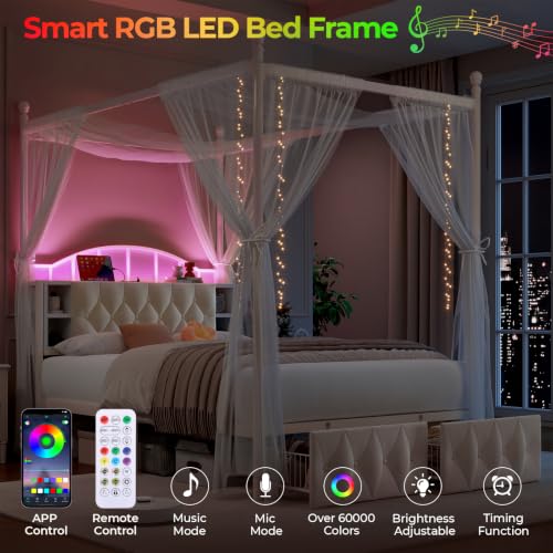Full Size Upholstered LED Canopy Bed Frame with 2 Drawers and & Charging Station, view 4