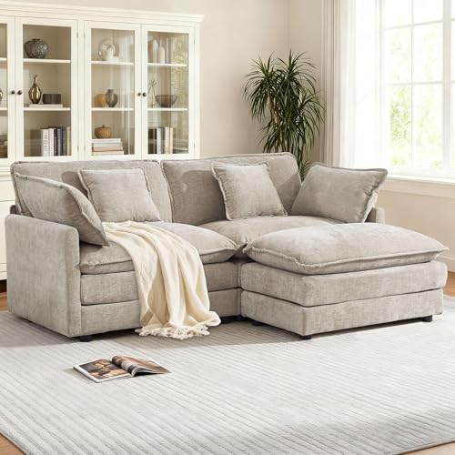 76.7" W Modular Cloud Sectional Sofa Couch for Small Spaces, Deep Seat Loveseat with Ottoman Chaise, Comfy Chenille 2 Seat L Shaped Couch for Living Room Apartment Dorm, Camel