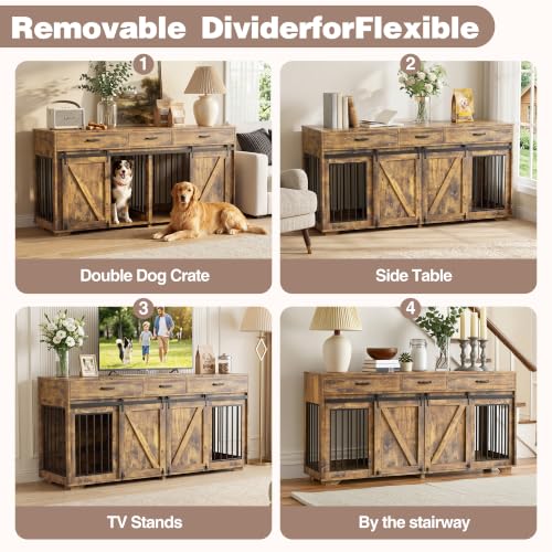 Double Dog Crate Furniture, 71" TV Stand Kennel for 2 Dogs, view 7