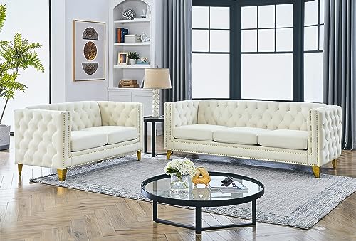 Comfy Upholstered Couches for Living Room, 58-inch Modern Button Tufted Loveseat Sofa w/Square Arm, 4 Golden Metal Legs and Gold Nail Heads for Living Room, Office, Apartment, Beige