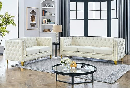 Comfy Upholstered Couches for Living Room, 58-inch Modern Button Tufted Loveseat Sofa w/Square Arm, 4 Golden Metal Legs and Gold Nail Heads for Living Room, Office, Apartment, Beige