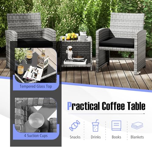 3 Pieces Patio Furniture Set, PE Rattan Outdoor Chairs with Tempered Glass Coffee Table & Soft Seat Cushions, Patio Bistro Set, Outdoor Conversation Set for Porch, Backyard Poolside (Black)