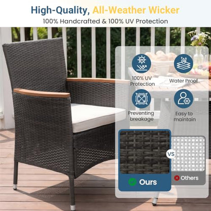 5-Pieces Patio Table and Chairs Set, Rattan Patio Table Set with Acacia Wood Tabletop, Patio Outdoor Dining Set for 4, Patio Furniture Set with Cushions for Deck Garden Backyard, Grey