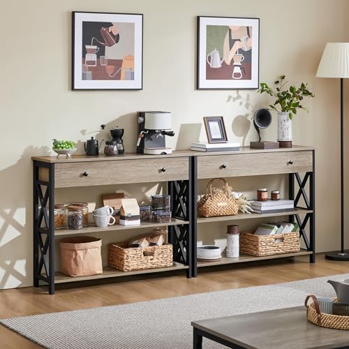 Yaheetech Console Table with Drawer, Entryway Table with 3 Tier Storage Shelves, Narrow Long Sofa Table for Entryway, Living Room, Hallway, Couch, Kitchen, Metal Frame, Gray