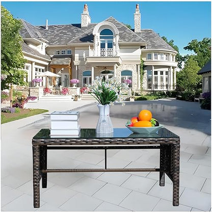 Coffee Table Outdoor Patio Furniture, Tempered Glass Top, Wicker Design, Brown, 30.75x17.5x15 Inch, Water Resistant, Assembly Required