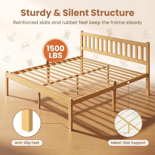 18 Inch Solid Bamboo Wood Full Bed Frame with Headboard, view 7