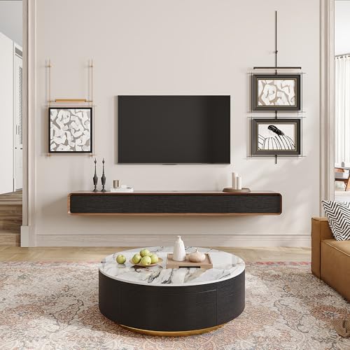 94" Fully Assembled Wood Floating TV Stand, Walnut and Black, view 5