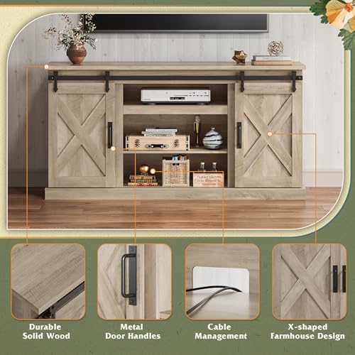 Farmhouse TV Stand for 65 Inch TV, Sliding Barn Doors, Grey Oak, view 7