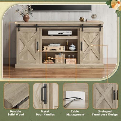 Farmhouse TV Stand for 65 Inch TV, Sliding Barn Doors, Grey Oak, view 7