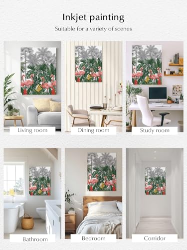 NuYeBiofx Summer Pink Flamingo Palm Leaf Canvas Wall Art Prints,48"x32" Framed Picture Artwork Tropical Animal Plant Tree Printed Canvas Oil Painting for Living Room Bedroom Office,Ready to Hang