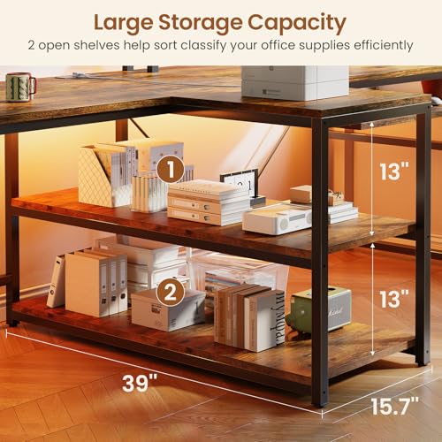 94.5" Home Office Desks, Computer Gaming Desk with Storage, LED Lights, Power Strip with USB, Keyboard Tray & Monitor Stand, Extra Long Double Desk for 2 Person, Rustic Brown