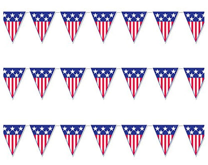 Beistle Spirit of America Triangle Pennant Banners, 11” x 12’, 3 Pack – Patriotic Flag Porch Decorations, Stars & Stripes Party Supplies for 4th of July & Memorial Day, Red, White & Blue Holiday Decor