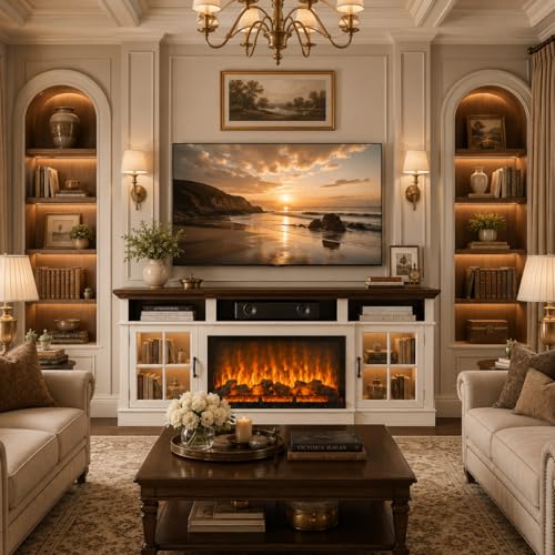 70" Fireplace TV Stand, Farmhouse TV Stand for TVs up to 80” with LED Lights, view 4